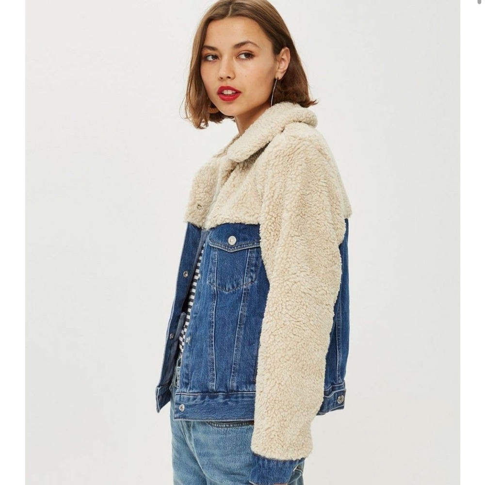 TopShop Hybrid Borg Shearling Denim Jacket 34 US 2 UK 6 XS